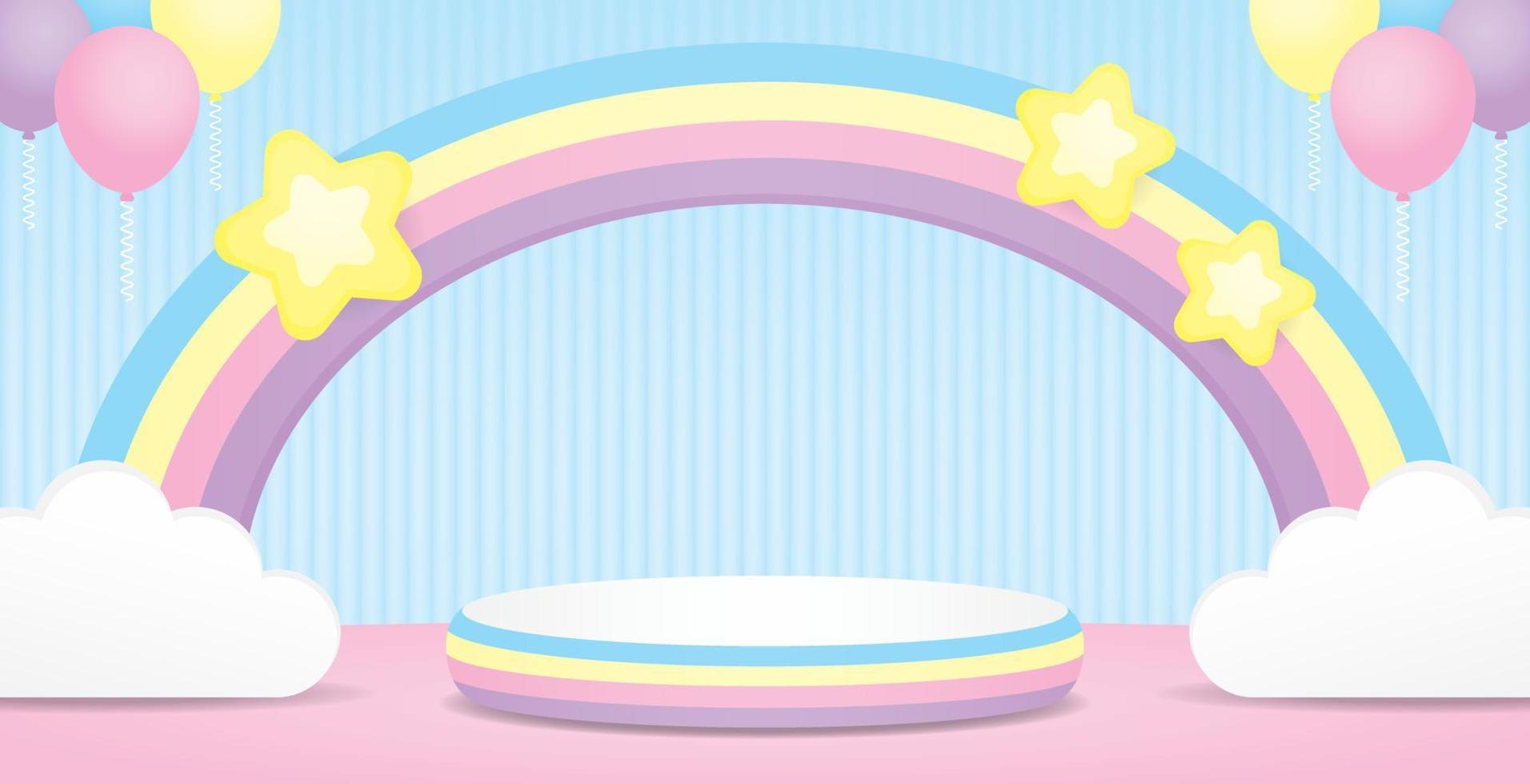 schattig kleurrijk podium Scherm stadium en pastel regenboog boog met kawaii sterren en wolk en ballonnen Aan zoet blauw muur achtergrond 3d illustratie vector voor zetten voorwerp of Product