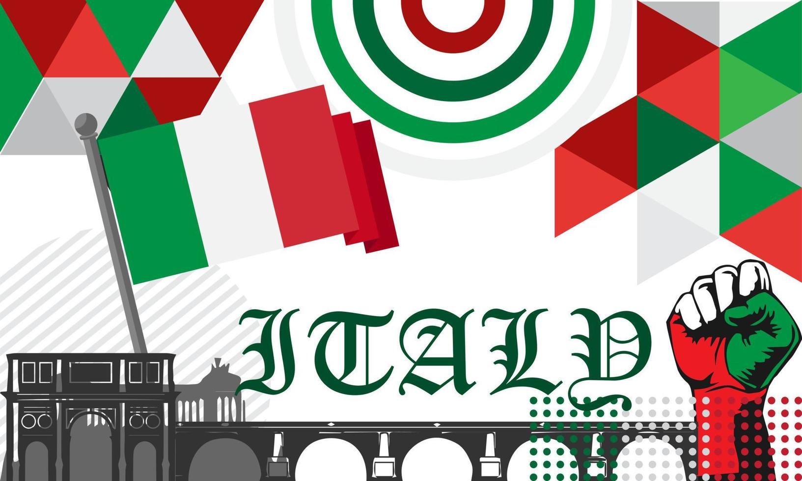 italia nationaal dag banier ontwerp. Italiaans vlag abstract meetkundig retro vormen van rood en groen kleur. Italië vector illustratie.