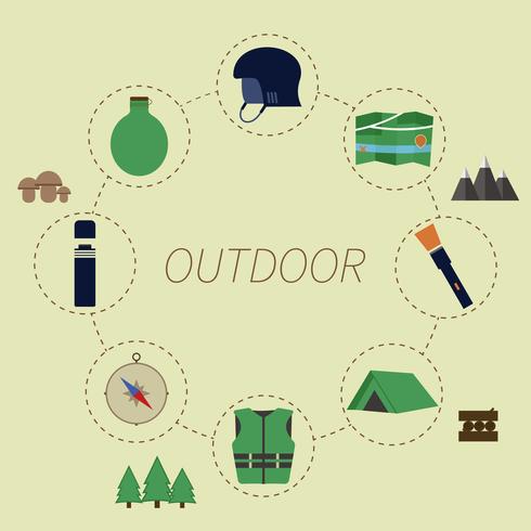 Outdoor infographics. Camping levensstijl. Ongebruikelijk rond ontwerp op groene achtergrond. Zomer elementen vector