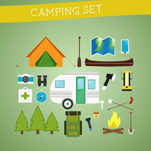 Heldere cartoon camping apparatuur pictogrammenset in vector. Recreatie, vakantie en sport symbolen. Plat ontwerp vector