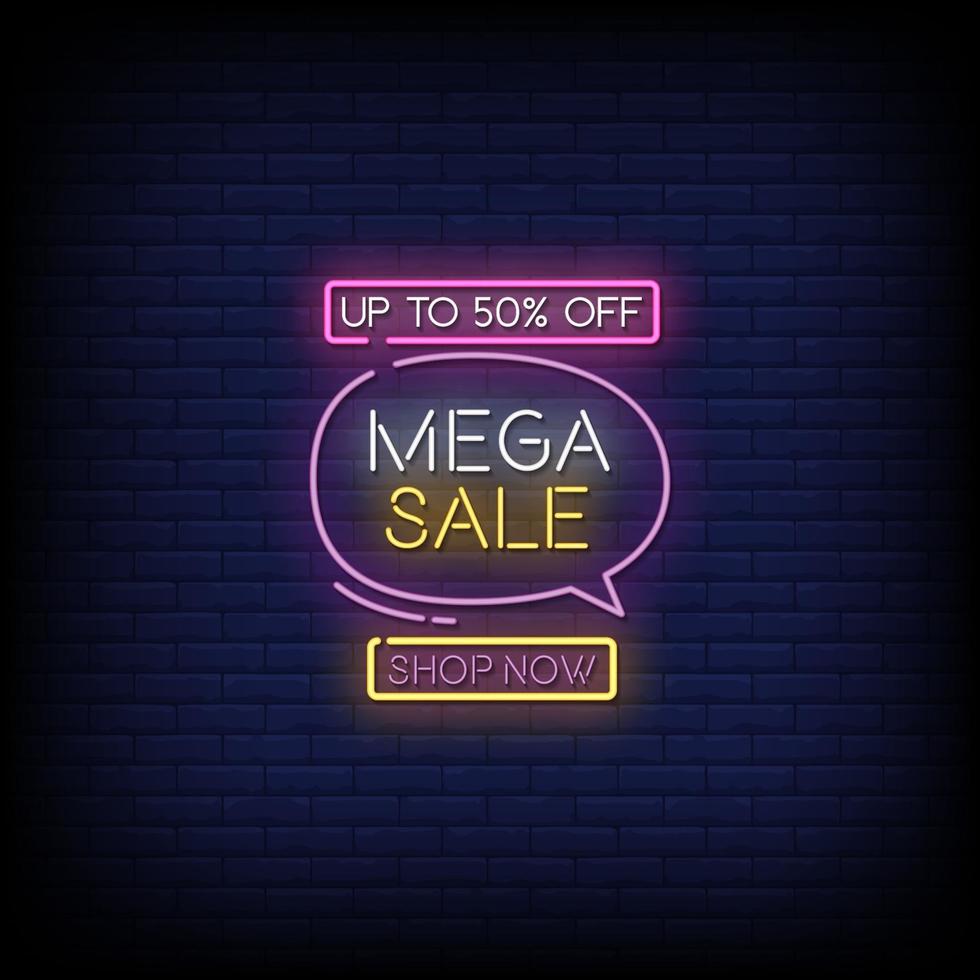 mega-verkoop neonreclames stijl tekst vector