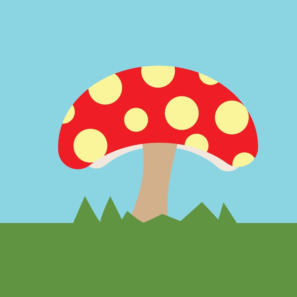 een rood paddestoel met geel stippen, gras en blauw lucht, paddestoel illustratie vector, natuur illustratie, herfst plant, geschikt voor kinderen verhalen en voorjaar banners en tekens, tekenfilm stijl tekening vector