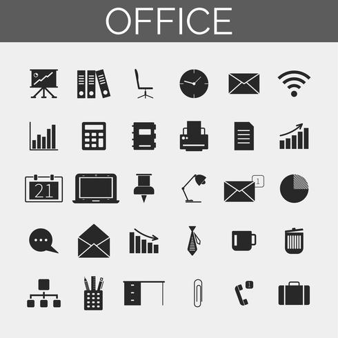 Zakelijke en office-pictogrammen instellen. Trendy silhouetpictogrammen voor Web en mobiel. vector