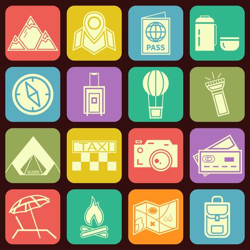 Moderne platte reizen en kamperen iconen vector collectie in stijlvolle veelkleurige knoppen achtergronden. Vakantie thema.