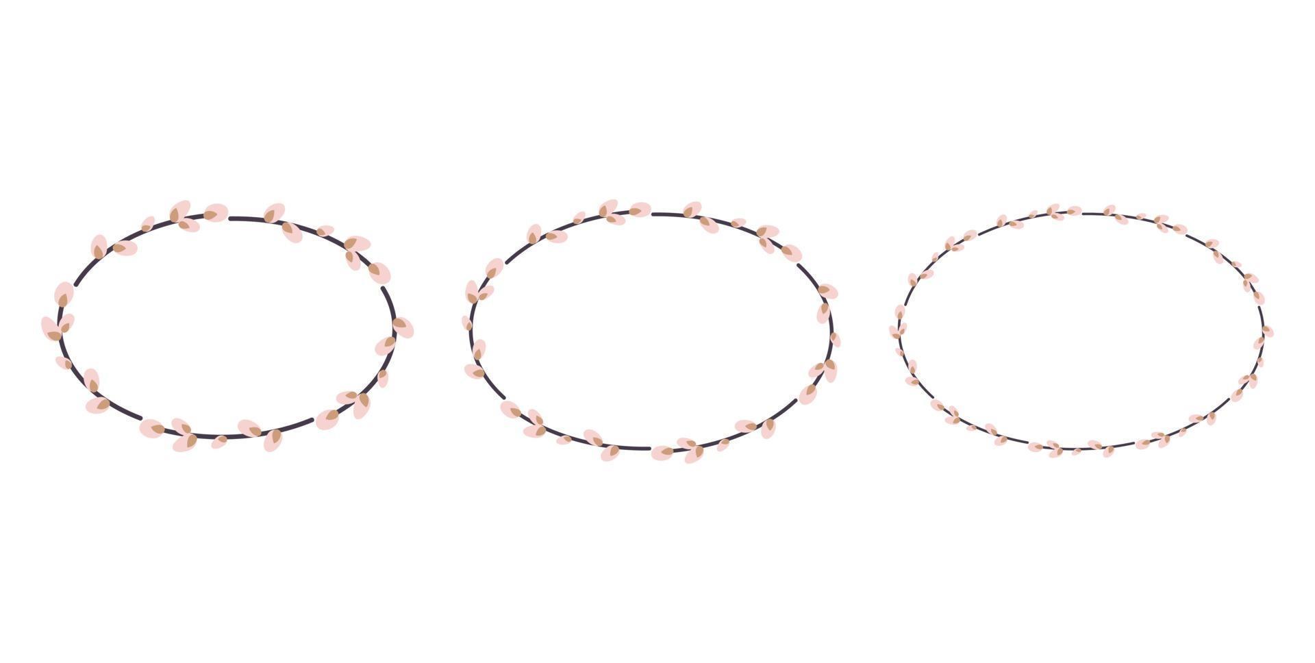 verzameling van paaswilgenkransen. ovale krans van wilgenstelen. platte vectorillustratie geïsoleerd op een witte achtergrond. ontwerp voor uitnodigingen, ansichtkaarten en afdrukken. vector