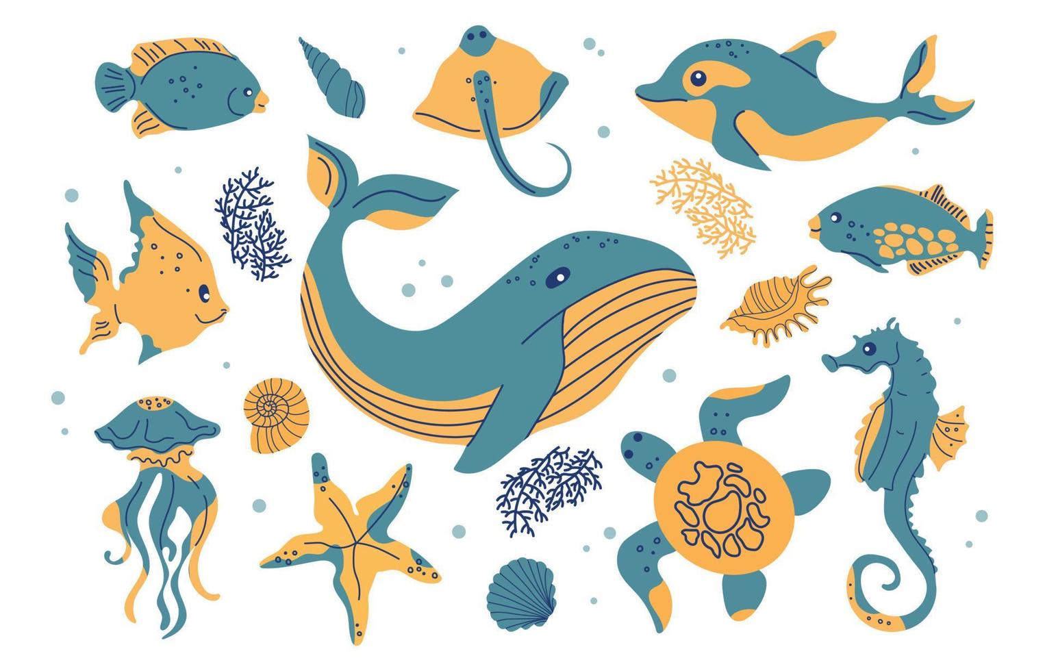 tekenfilm zee dieren. inwoners van de zee wereld, schattig, grappig onderwater- schepsels dolfijn, zeepaardje, walvis, schildpad, kwallenset van onderwater- marinier leven vector illustraties.