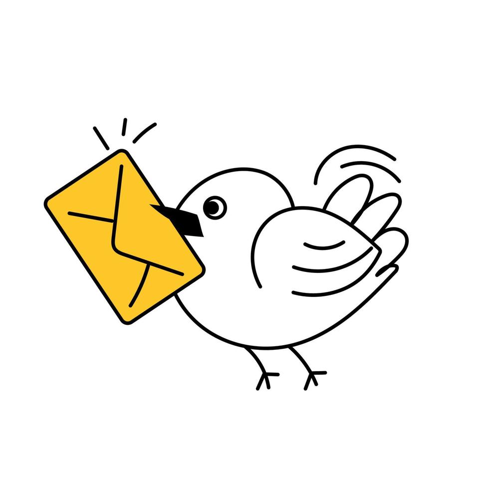 de vogel draagt een envelop. chatten, contacten, berichten. dun lijn schattig vector illustratie geïsoleerd Aan wit achtergrond