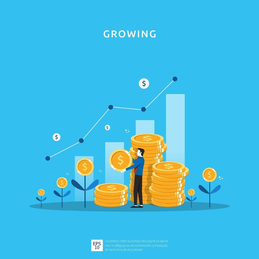 bedrijfsgroei illustratie voor slim investeringsconcept. winstprestaties of inkomen met stapelmunten symbool van return on investment roi vector