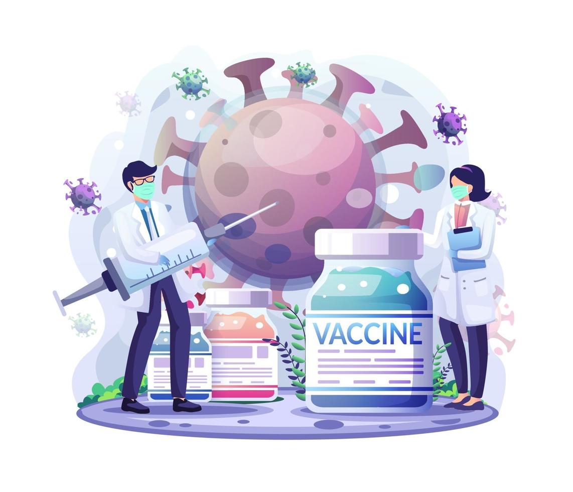 artsen injecteren een injectiespuitvaccin in de covid-19 coronaviruscel. vaccinatie concept vectorillustratie vector