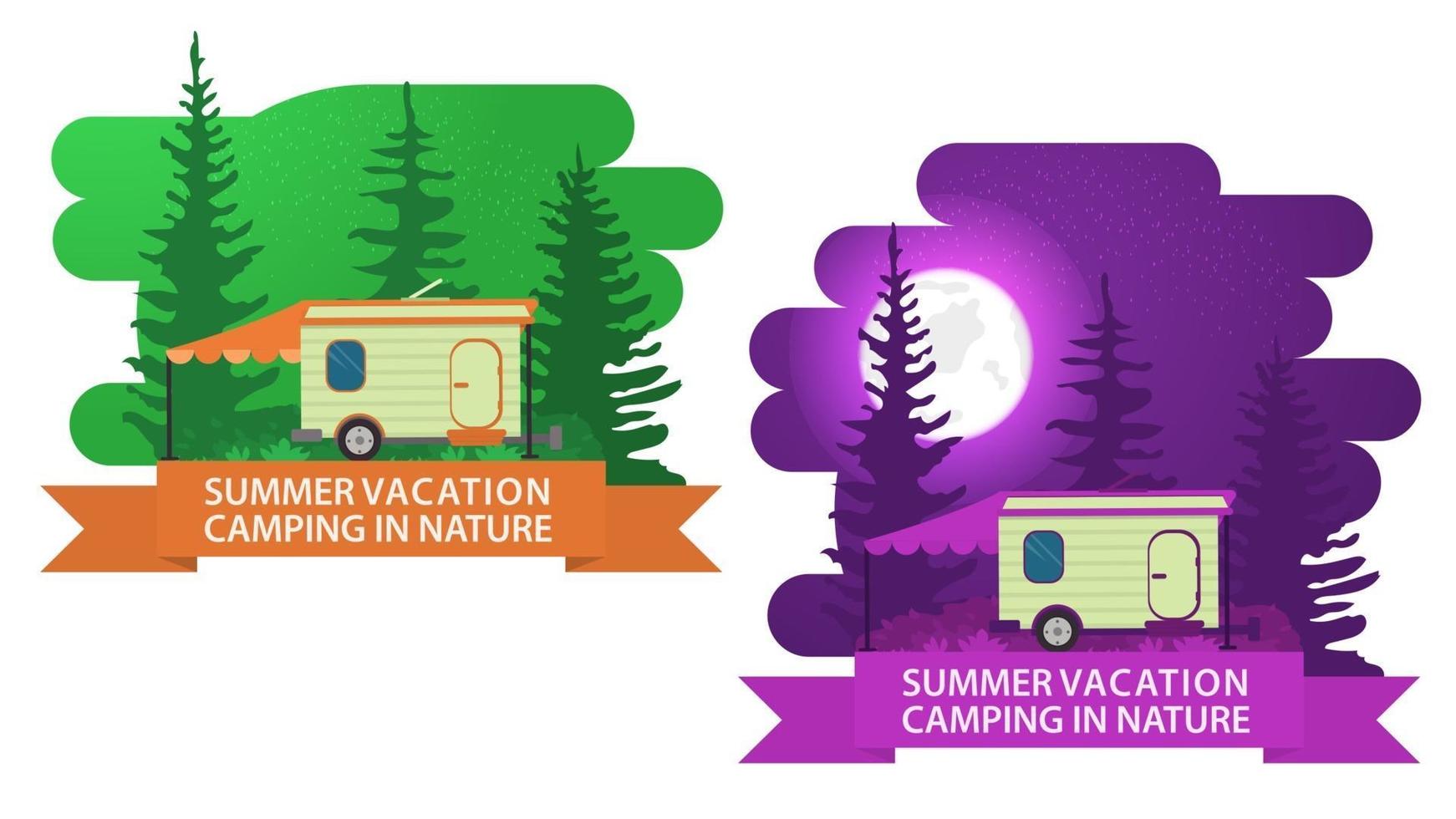 banner voor zomer camping ontwerp twee labels dag en nacht embleem van een toeristisch huis op wielen platte vectorillustratie vector