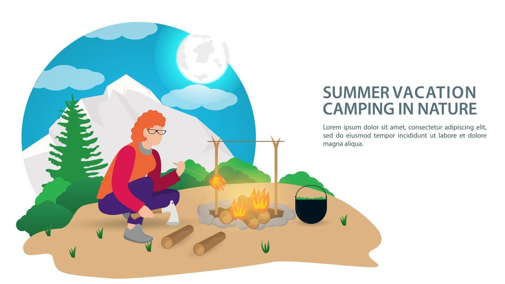 banner voor het ontwerp van de zomercamping een meisje maakt een vuur voor het koken van ontbijt op de achtergrond van bergen en bossen vectorillustratie vector