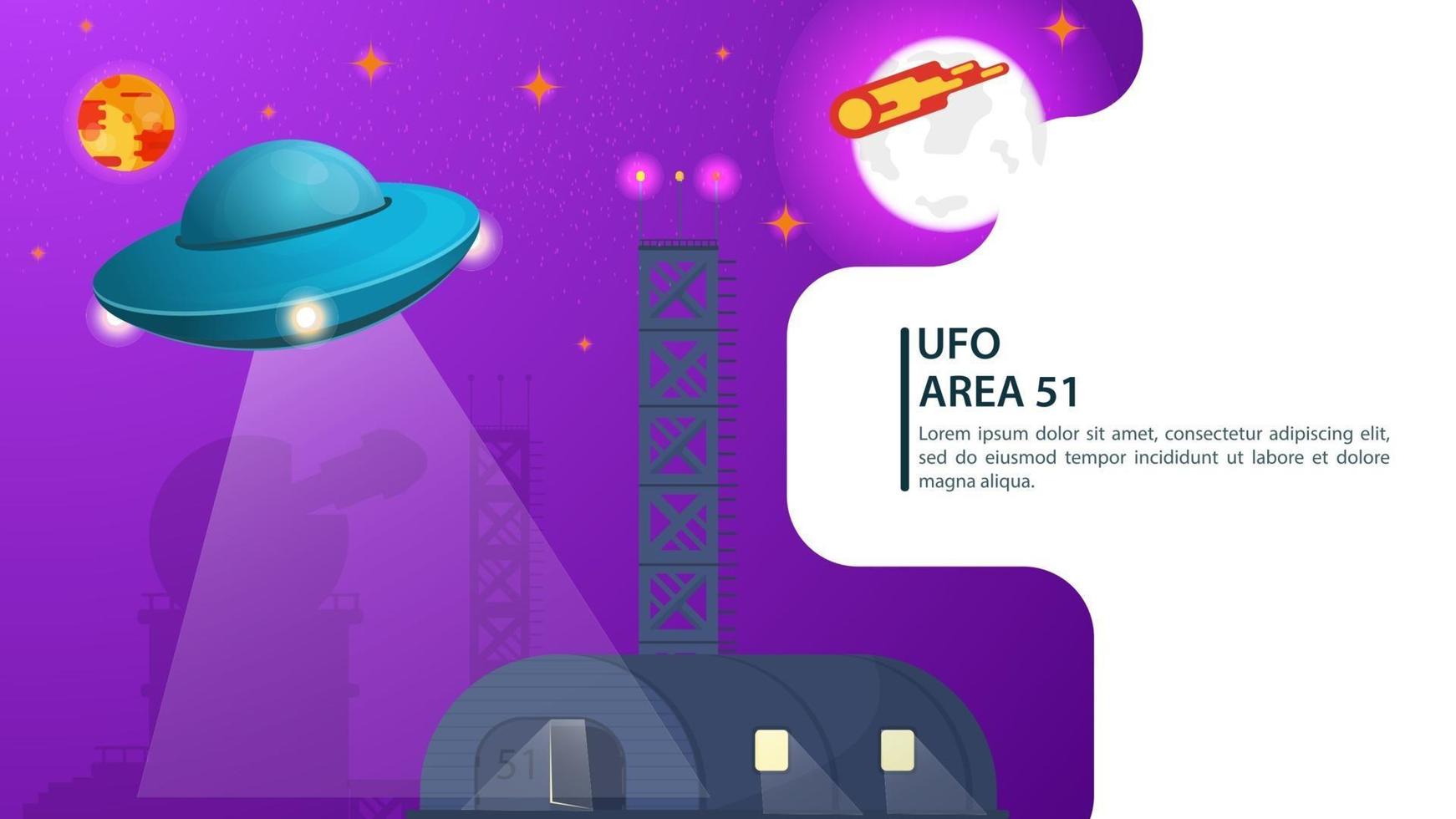 banner ufo vliegende schotel zweven boven de hangar voor web- en mobiele sites ontwerpen platte vectorillustratie vector