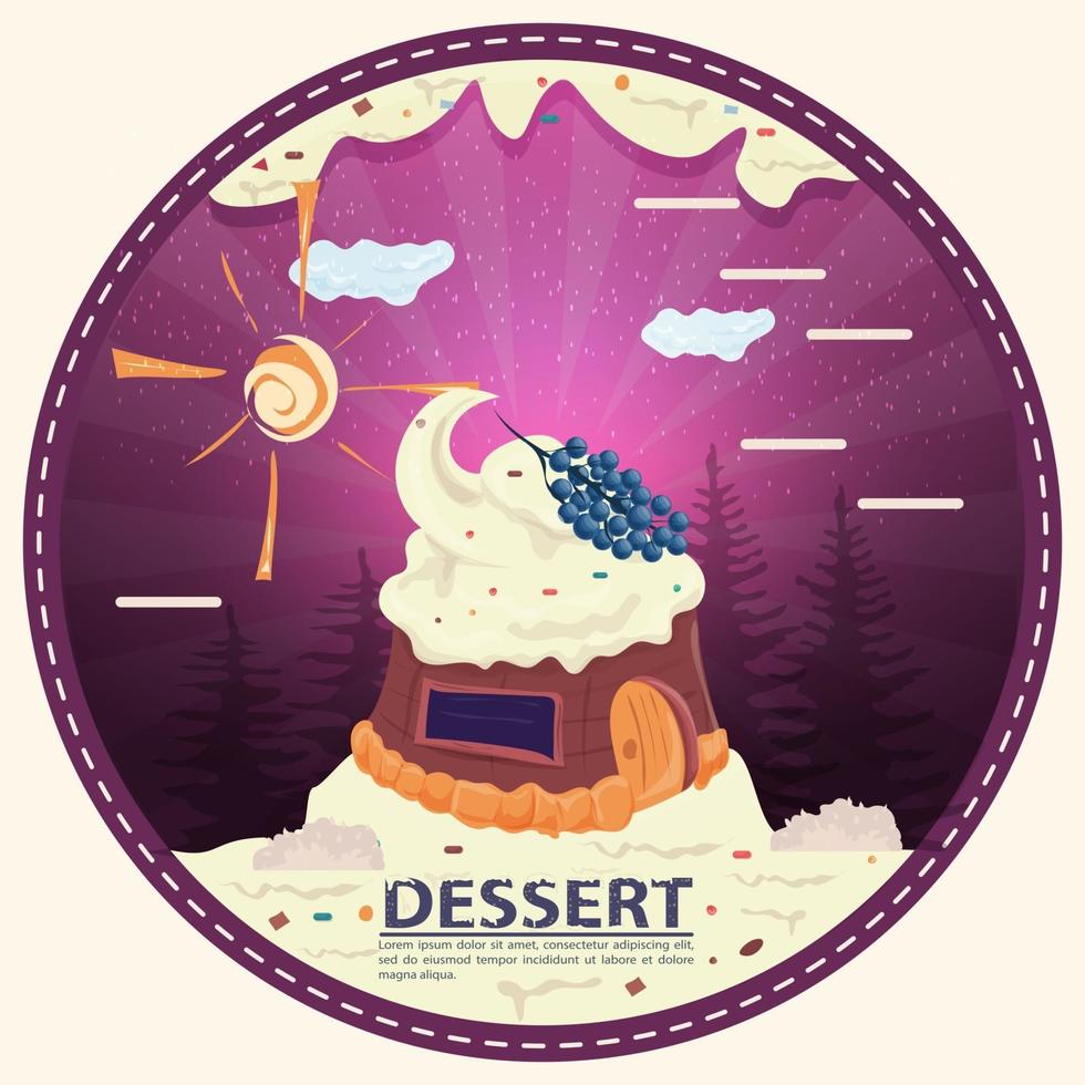 chocoladetaart met krenten op het dak in een open plek van suikerglazuur met het opschrift dessert ronde sticker plat ontwerp vector