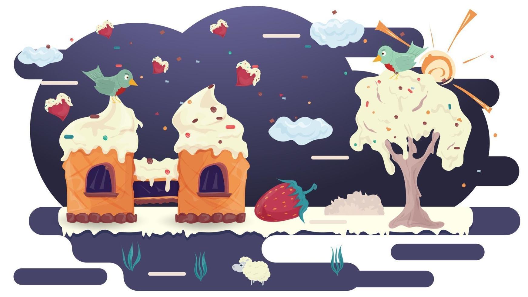 huis kasteel wafel gebak met een vogel op het dak op glazuur glade tussen de bomen platte vectorillustratie voor ontwerp decoratie vector