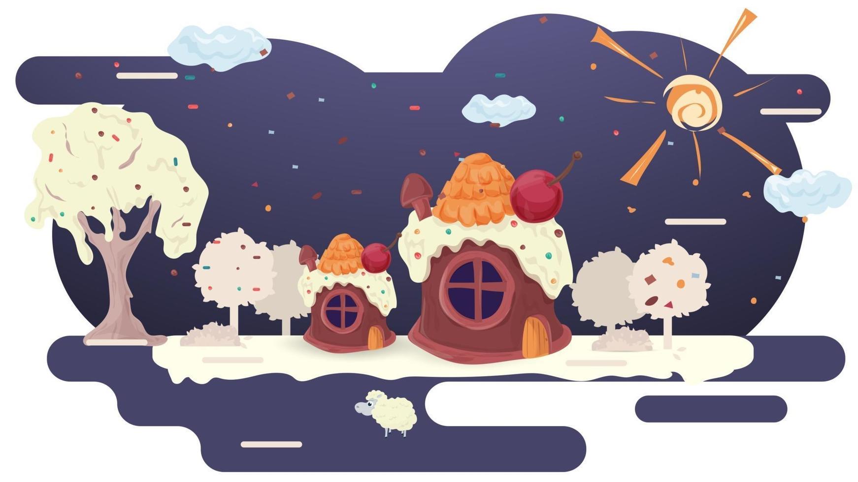 huizen bakken van cupcakes met kersen op het dak en room op de glazuur-glade tussen de bomen platte vectorillustratie voor design design vector