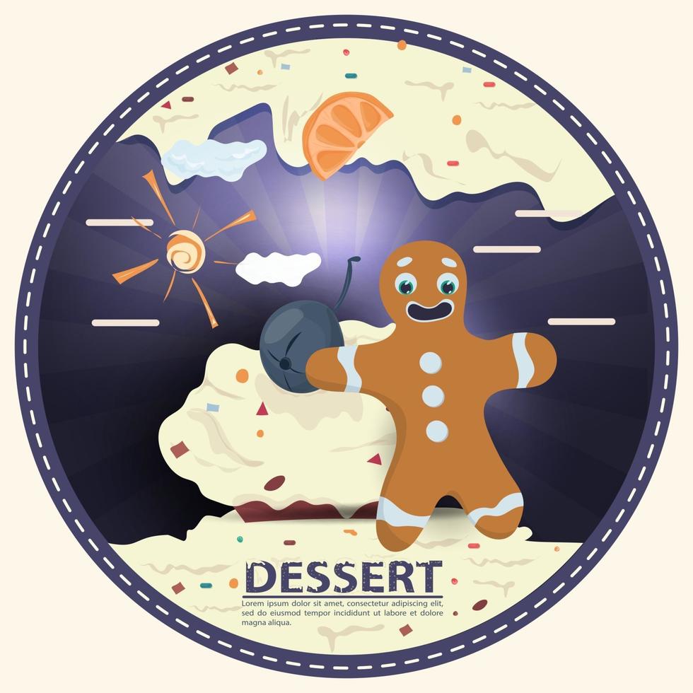 peperkoekman staat naast een cupcake en een bes op room met het woordendessert om sticker vlak ontwerp vector