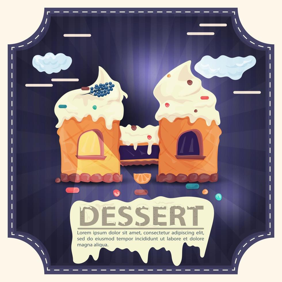 huis cake kasteel met suikerglazuur met het woord dessert vierkante sticker plat ontwerp vector