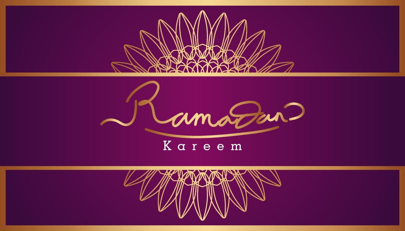 mooie paarse en gouden Arabische kalligrafie ramadan kareem tekst en sierpatroon ontwerp achtergrond. vector illustratie