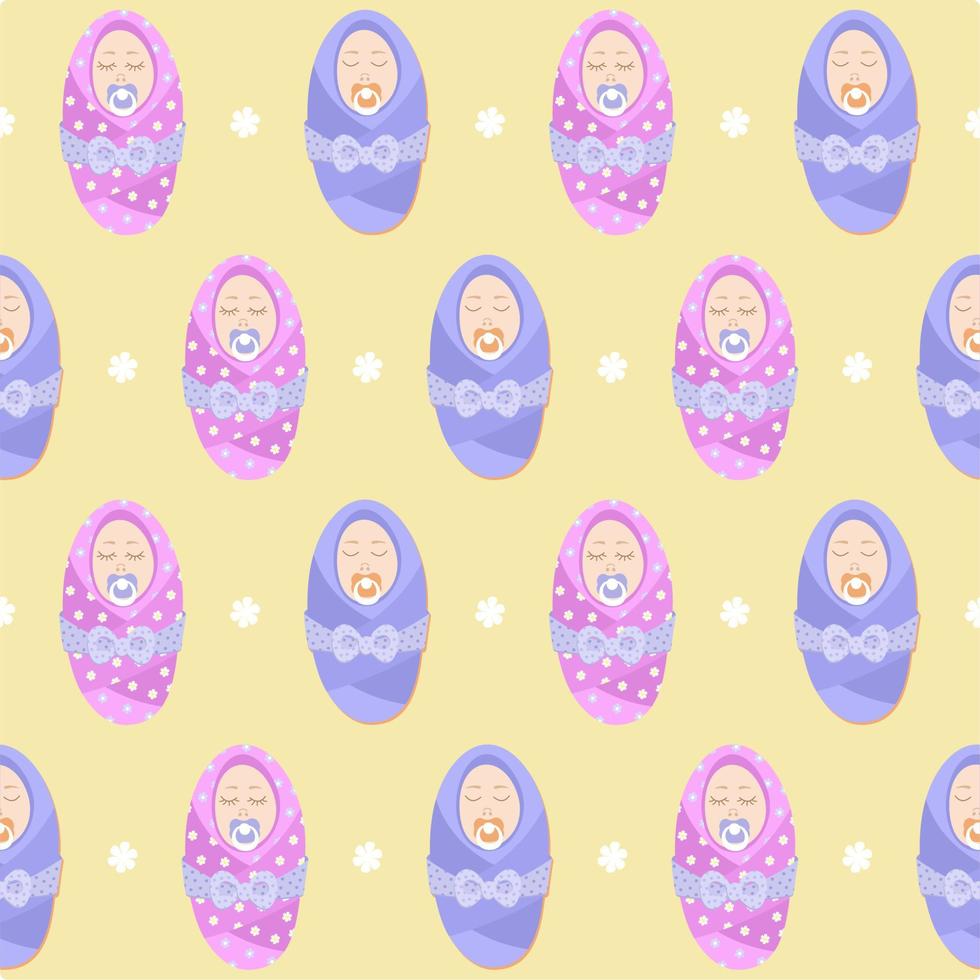 vector naadloos zacht pastel patroon met pasgeboren baby's verpakt in dekens en met fopspenen.