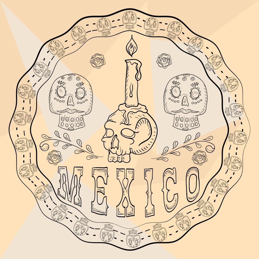 contour illustratie circulaire ornament sticker met schedels Mexicaans thema voor decoratie ontwerp vector