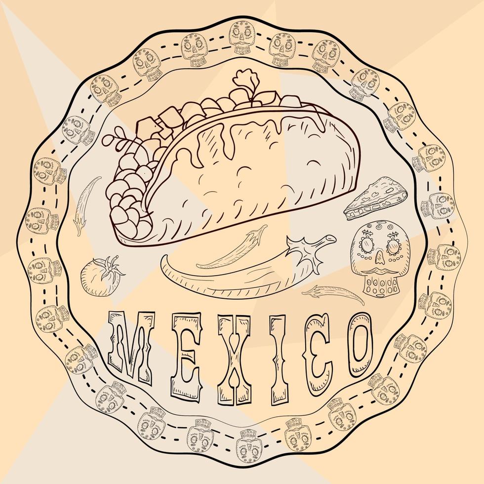 contour illustratie circulaire ornament sticker met schedels Mexicaans thema voor decoratie ontwerp vector