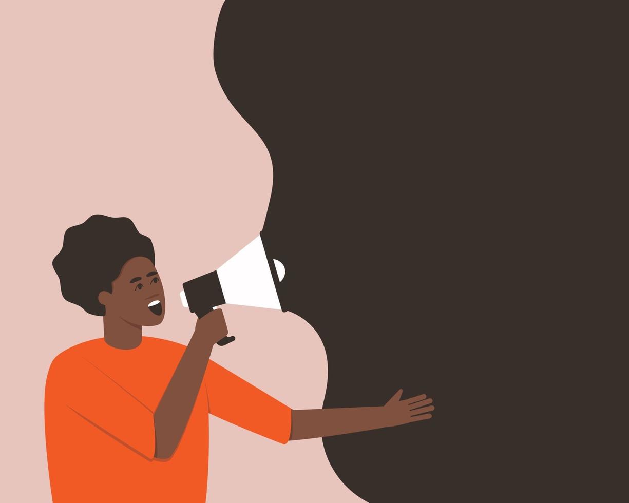 Afro-Amerikaan maakt een aankondiging in een megafoon vector
