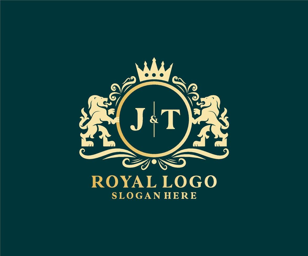 eerste jt brief leeuw Koninklijk luxe logo sjabloon in vector kunst voor restaurant, royalty, boetiek, cafe, hotel, heraldisch, sieraden, mode en andere vector illustratie.