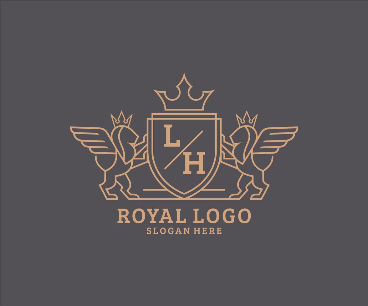 eerste lh brief leeuw Koninklijk luxe heraldisch, wapen logo sjabloon in vector kunst voor restaurant, royalty, boetiek, cafe, hotel, heraldisch, sieraden, mode en andere vector illustratie.