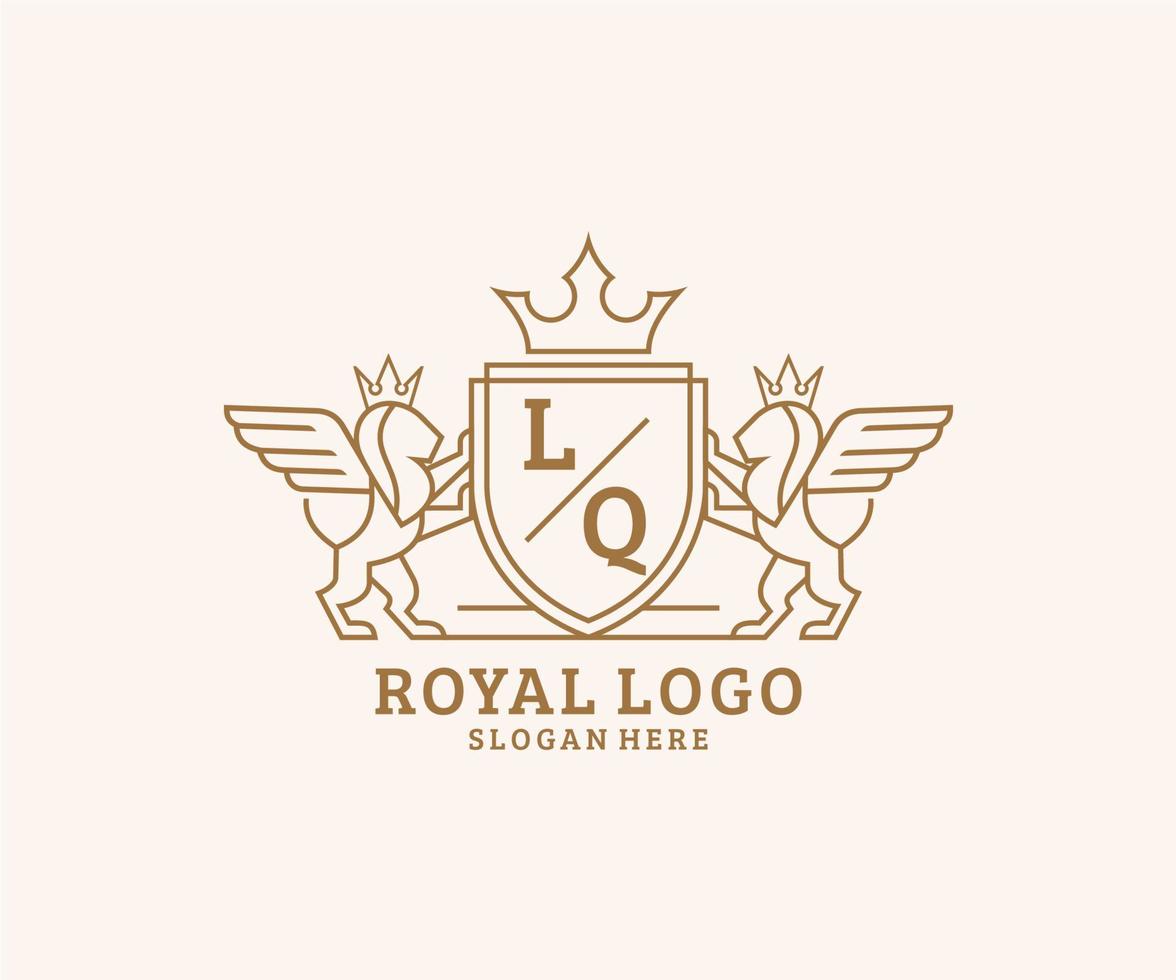 eerste lq brief leeuw Koninklijk luxe heraldisch, wapen logo sjabloon in vector kunst voor restaurant, royalty, boetiek, cafe, hotel, heraldisch, sieraden, mode en andere vector illustratie.