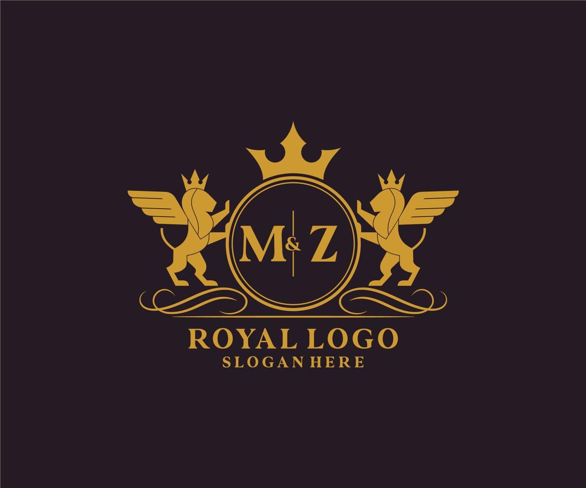 eerste mz brief leeuw Koninklijk luxe heraldisch, wapen logo sjabloon in vector kunst voor restaurant, royalty, boetiek, cafe, hotel, heraldisch, sieraden, mode en andere vector illustratie.