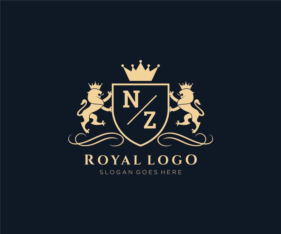 eerste nz brief leeuw Koninklijk luxe heraldisch, wapen logo sjabloon in vector kunst voor restaurant, royalty, boetiek, cafe, hotel, heraldisch, sieraden, mode en andere vector illustratie.