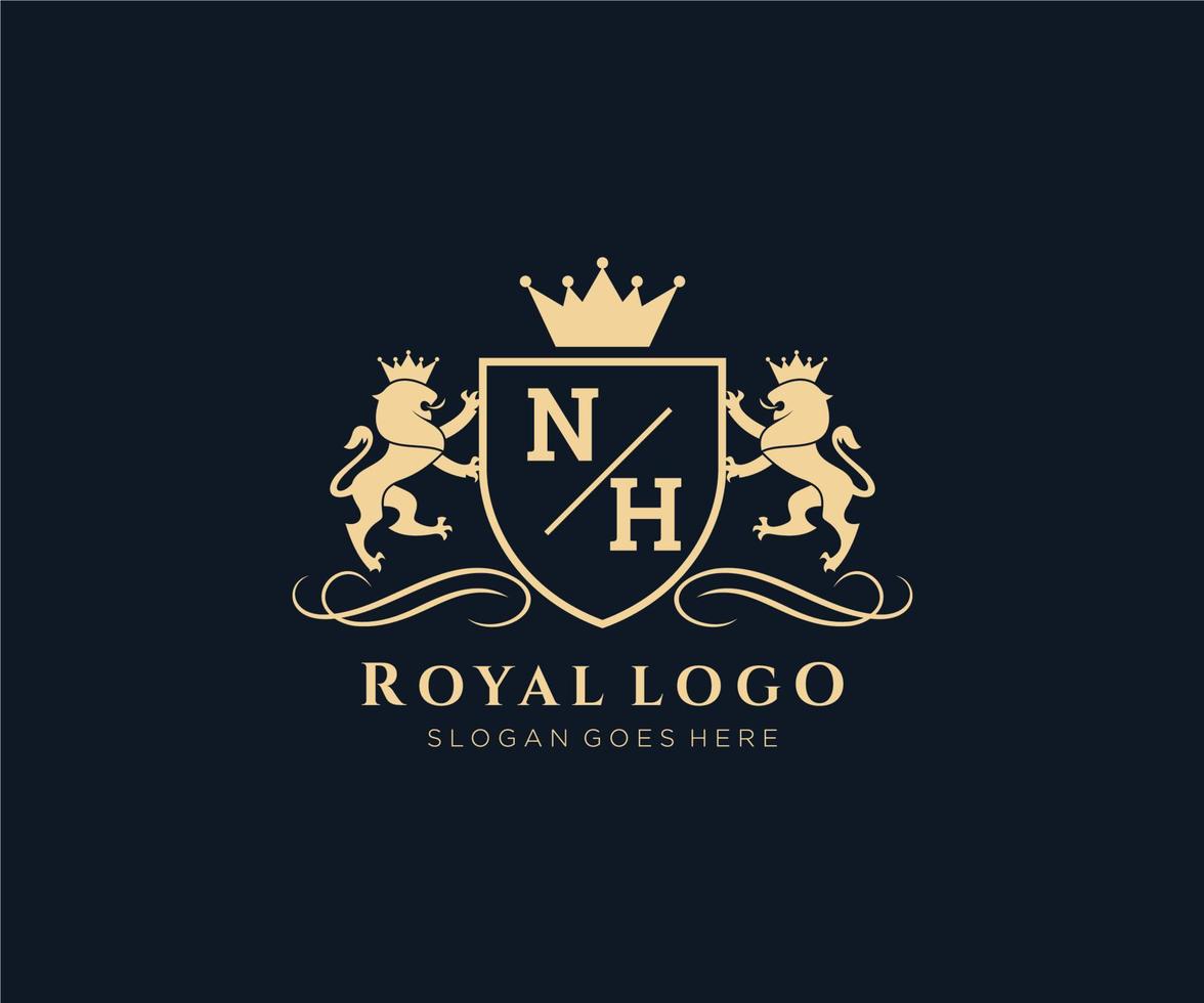 eerste nh brief leeuw Koninklijk luxe heraldisch, wapen logo sjabloon in vector kunst voor restaurant, royalty, boetiek, cafe, hotel, heraldisch, sieraden, mode en andere vector illustratie.