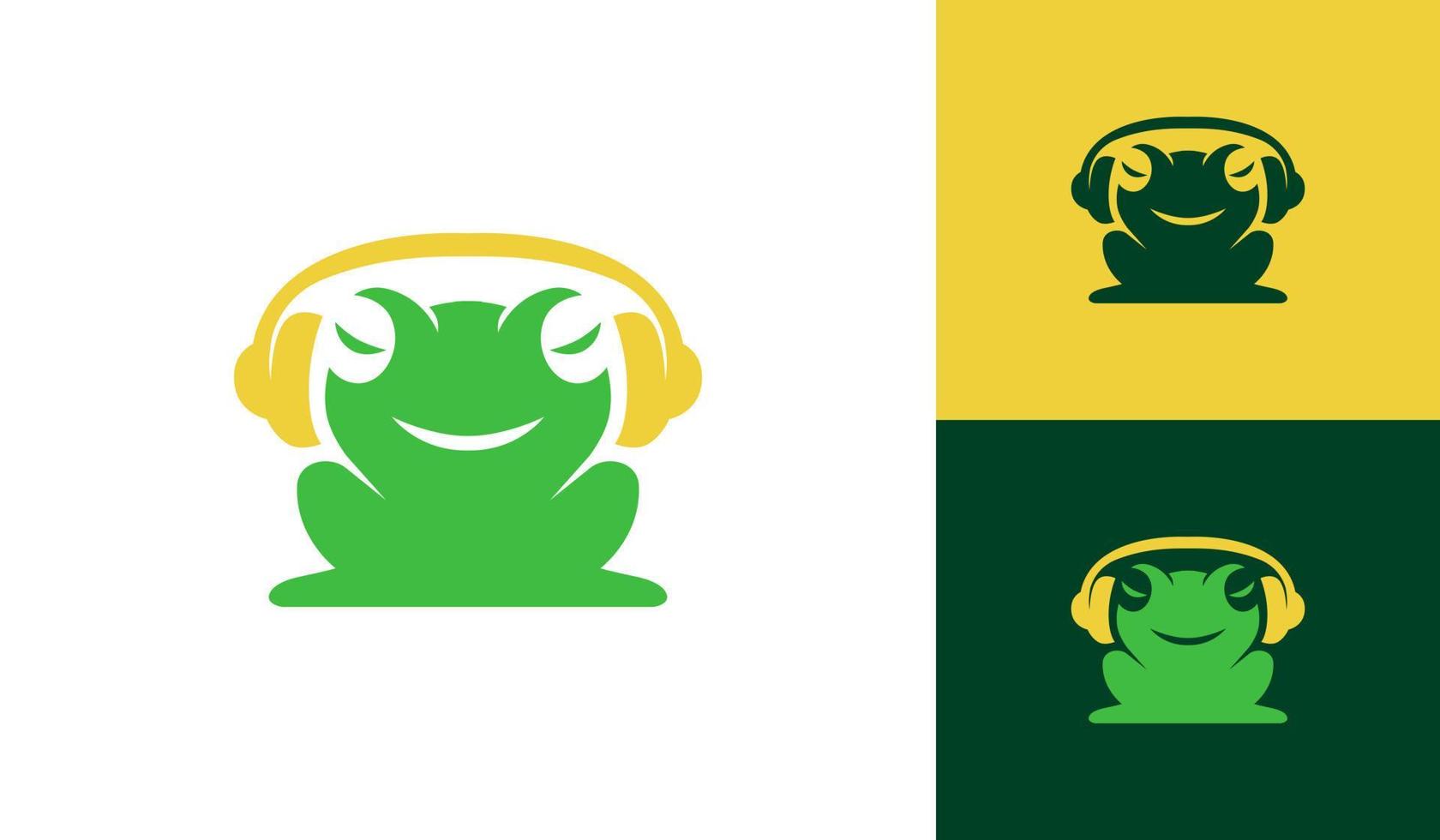 schattig kikker luisteren muziek- met koptelefoon of koptelefoon logo ontwerp vector