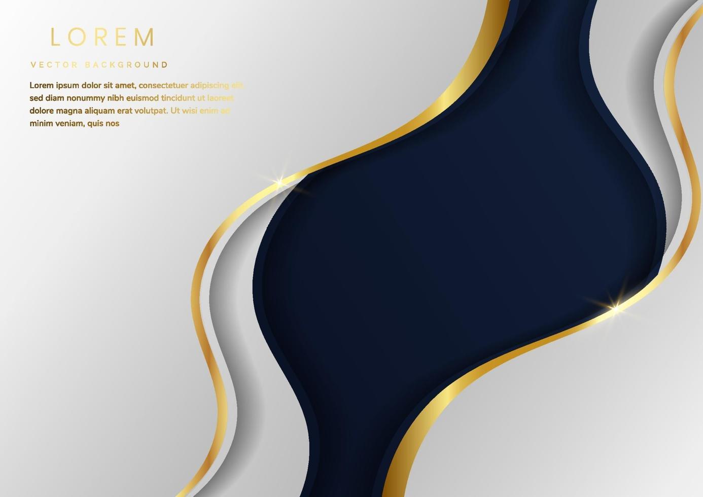 abstract sjabloon kromme witte en grijze kleur luxe ontwerp met kromme gouden lijnen op donkerblauwe achtergrond met kopie ruimte voor tekst. vector