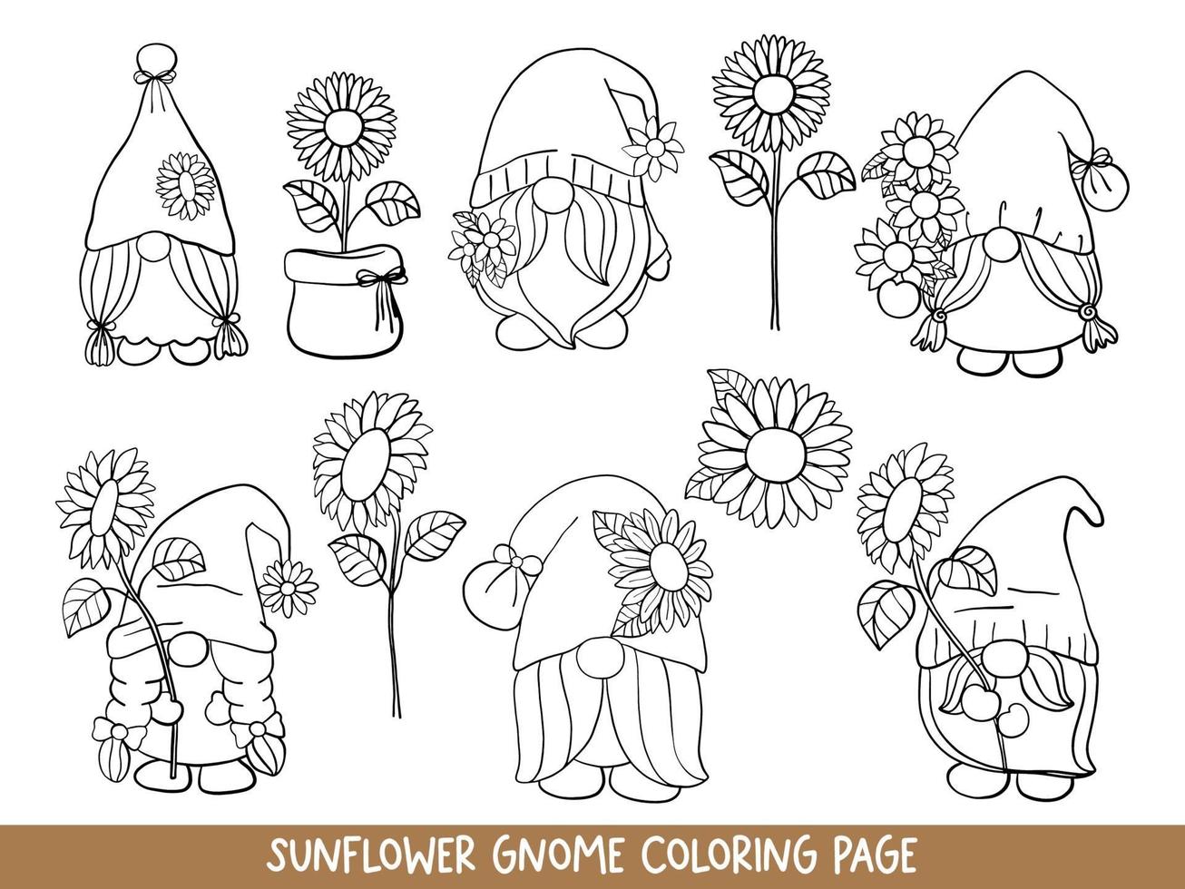 zonnebloem kabouters doodle, zonnebloem kabouter kleurplaat. vector