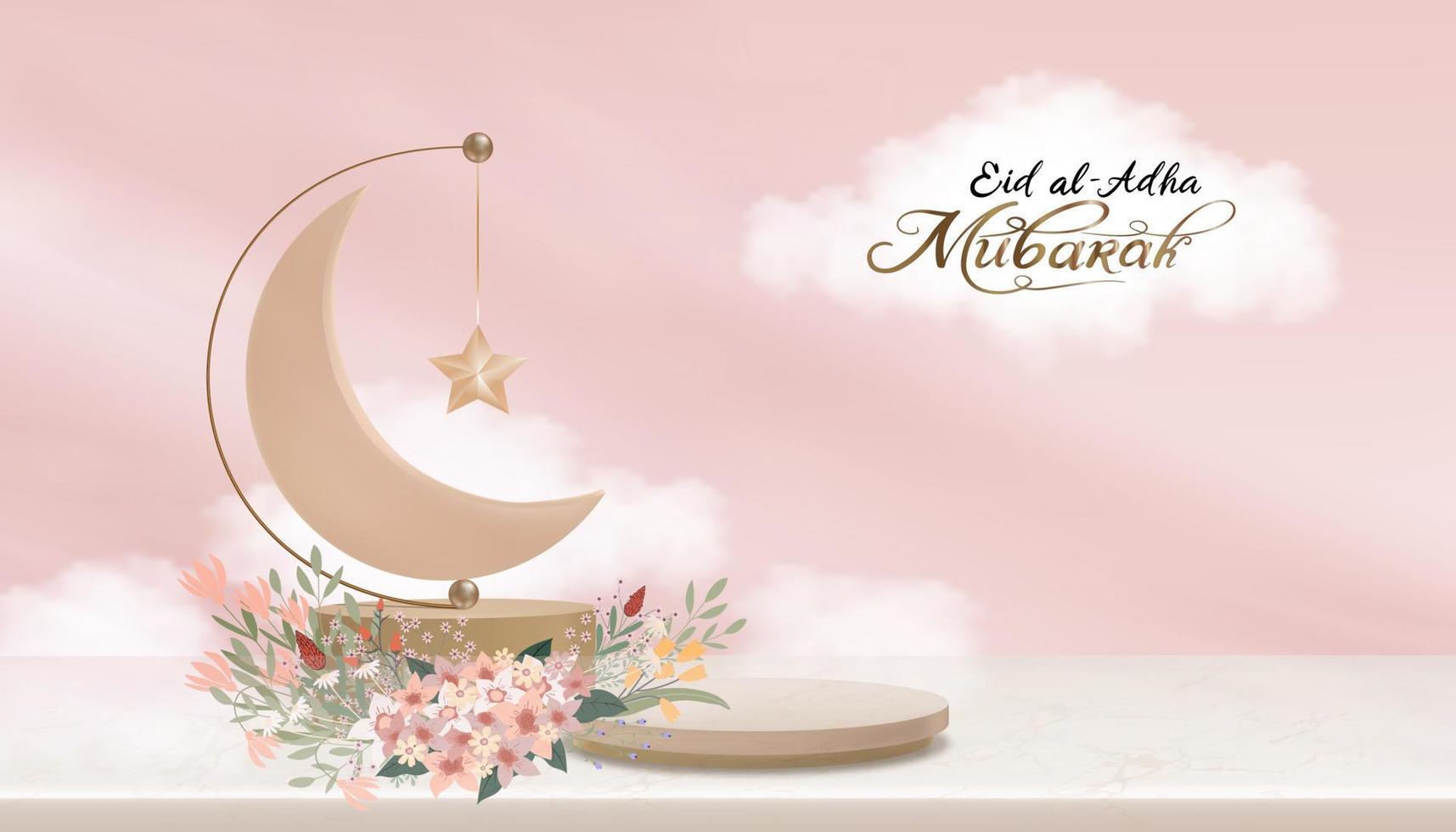 eid al adha mubarak groet ontwerp met halve maan maan en ster hangende Aan 3d podium Aan roze lucht en wolk achtergrond.vector backdrop van religie van moslim symbolisch voor eid al fitr, Ramadan kareem vector
