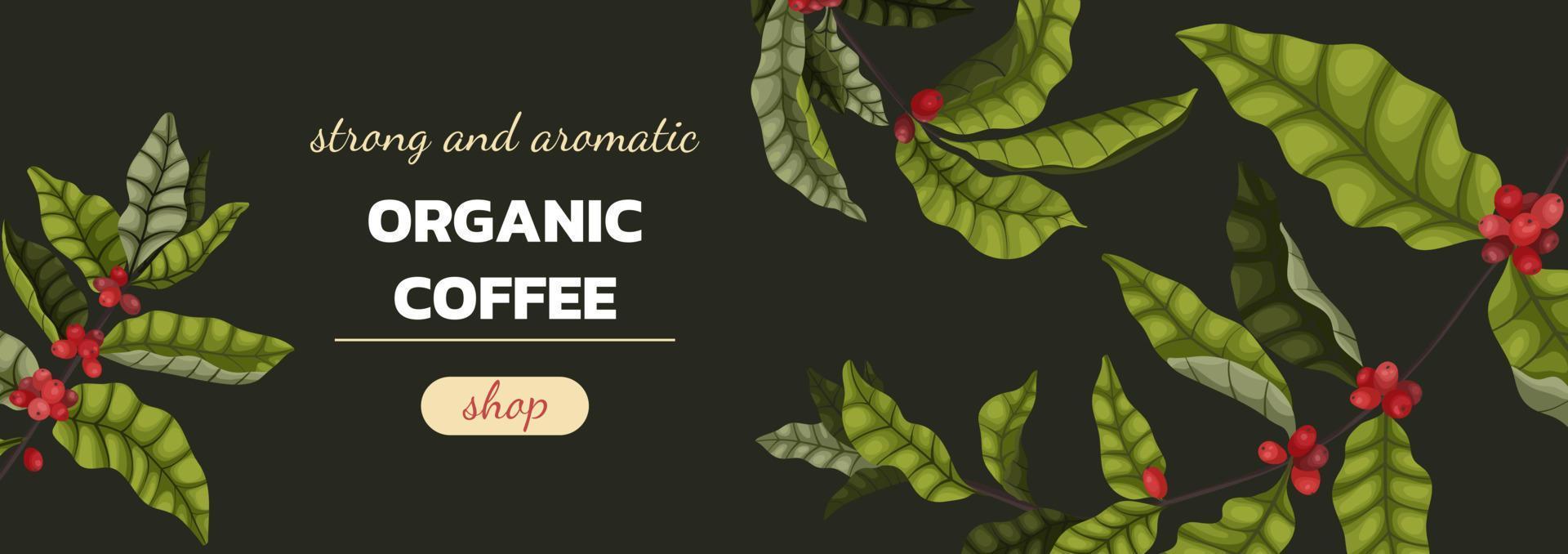 vector illustratie concept van reclame koffie met takken en koffie bessen in tekenfilm stijl. een horizontaal banier Aan een groen achtergrond over biologisch gegroeid koffie.