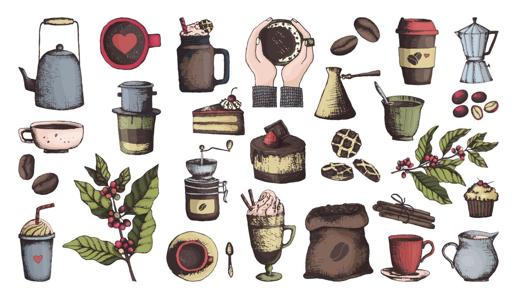 koffie ingrediënten en items in schets stijl, reeks in kleur. koffie, granen en mokken, koffie Slijper en desserts pictogrammen. vector illustratie