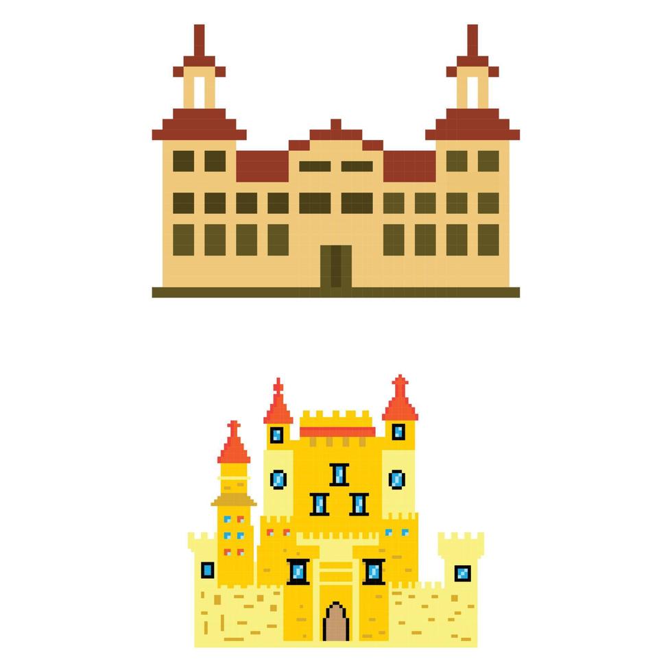 pixel gebouw speelhal spel wereld en pixel tafereel, kunst illustratie vector
