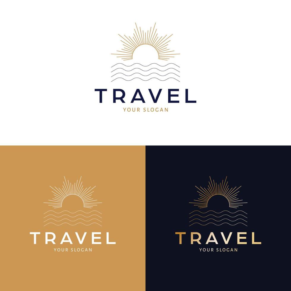 reizen logo ontwerp. zonsondergang en zee abstract vector logo. tropisch vakantie Boheems logo sjabloon.