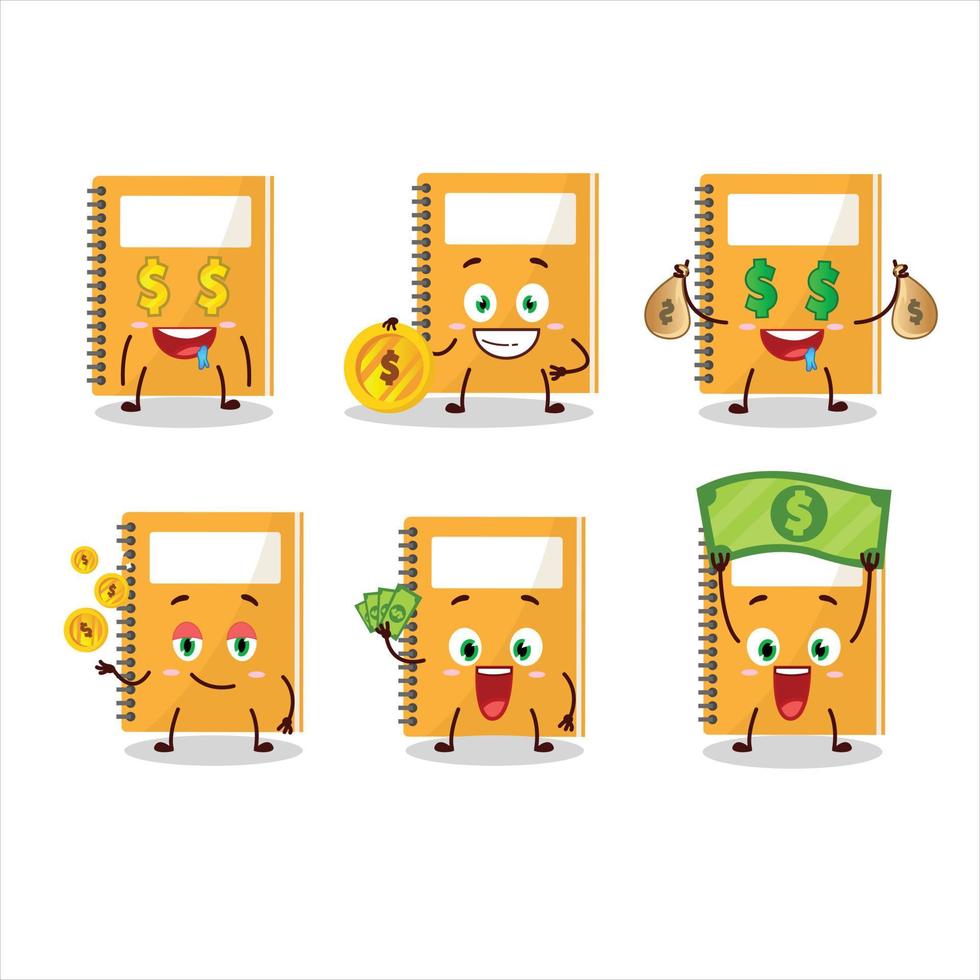 oranje studie boek tekenfilm karakter met schattig emoticon brengen geld vector