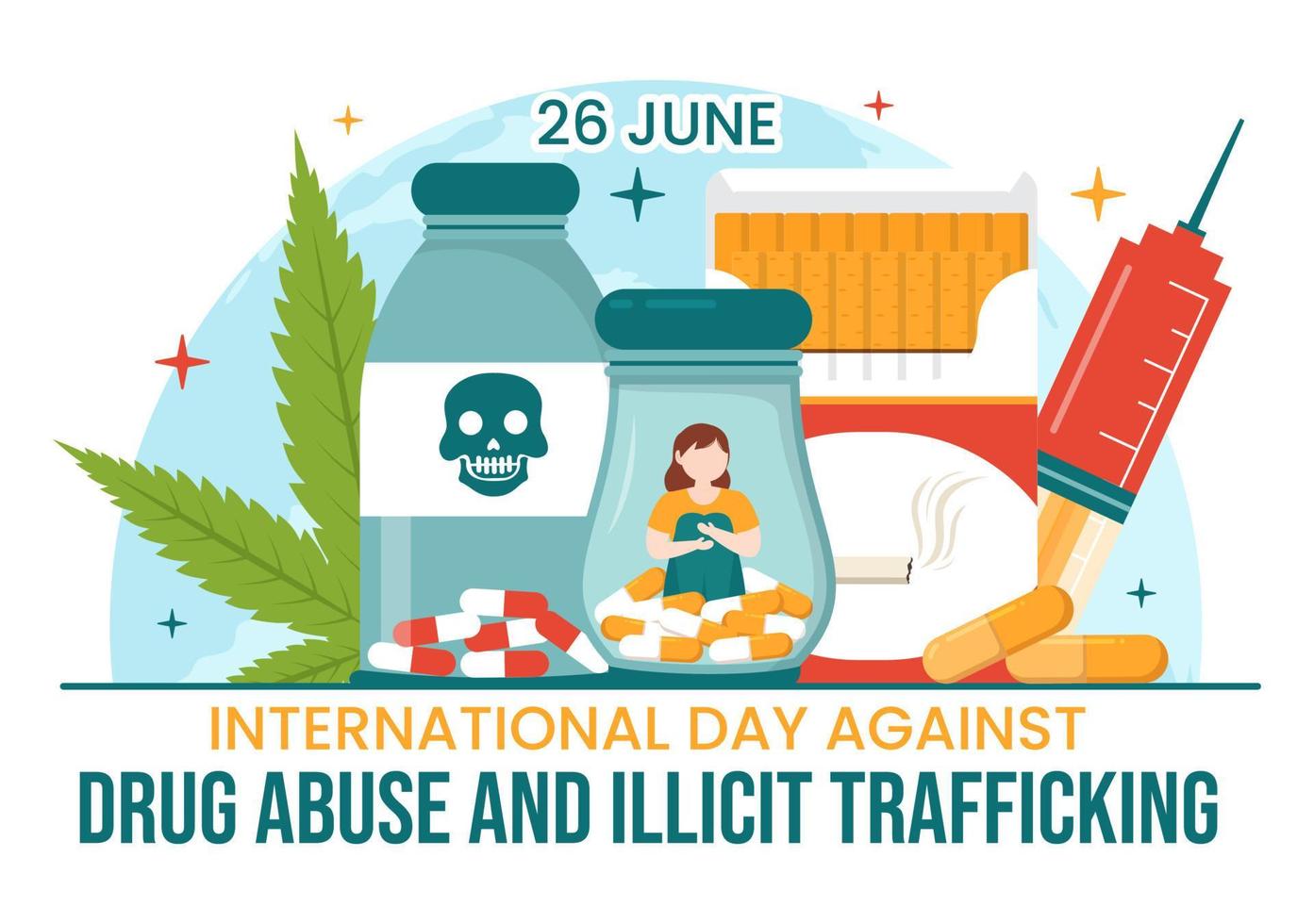 Internationale dag tegen drug misbruik en illegaal mensenhandel illustratie met anti verdovende middelen naar vermijden verdovende middelen in hand- getrokken Sjablonen illustratie vector