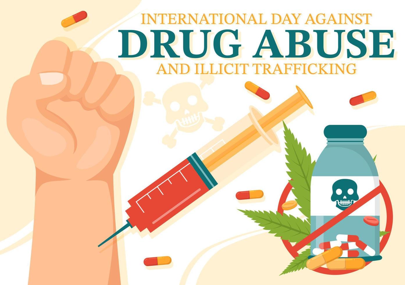 Internationale dag tegen drug misbruik en illegaal mensenhandel illustratie met anti verdovende middelen naar vermijden verdovende middelen in hand- getrokken Sjablonen illustratie vector