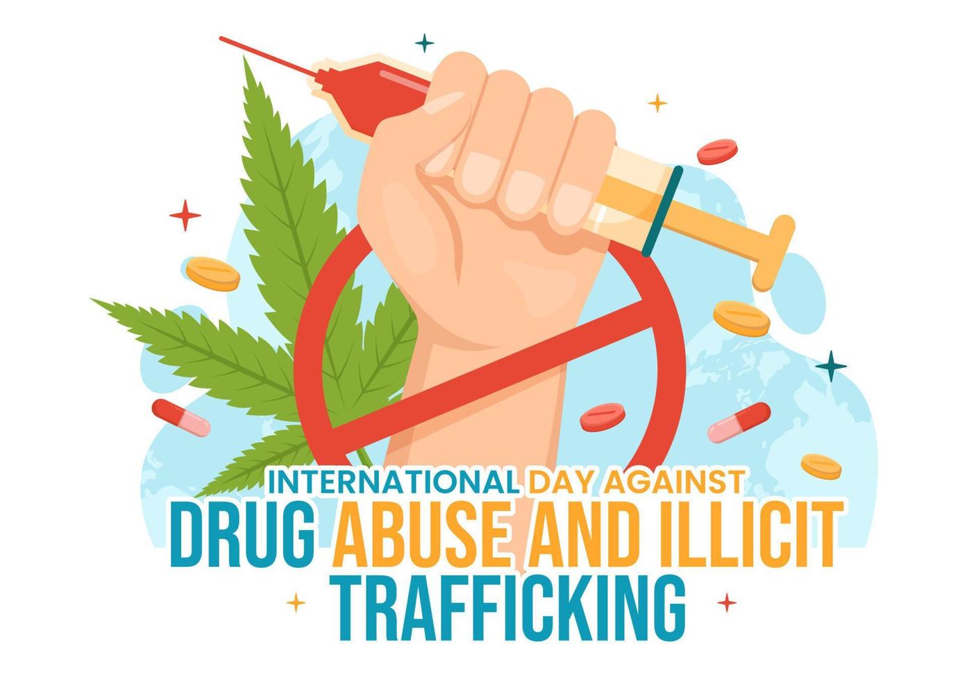Internationale dag tegen drug misbruik en illegaal mensenhandel illustratie met anti verdovende middelen naar vermijden verdovende middelen in hand- getrokken Sjablonen illustratie vector