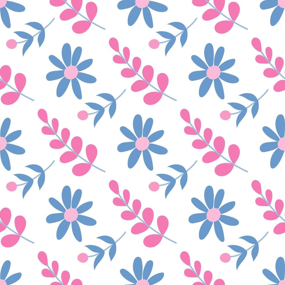 schattige roze en blauwe bloemen op een witte achtergrond. vector naadloze patroon in vlakke stijl