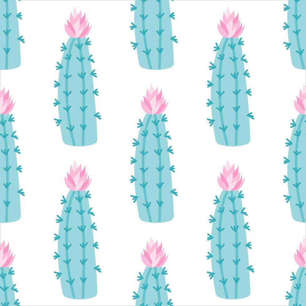 een cactus met een roze bloem op een witte achtergrond. vector naadloze patroon in vlakke stijl