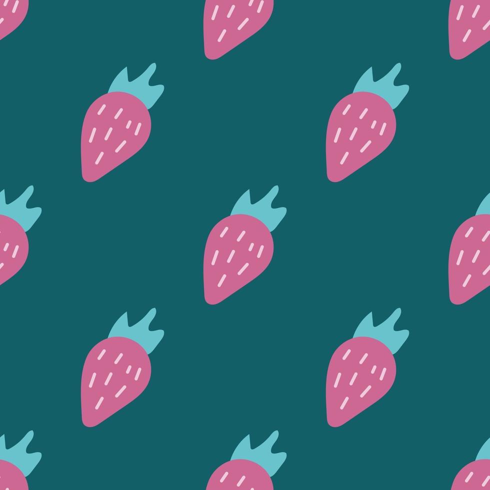 roze aardbeien op een donkergroene achtergrond. vector naadloze patroon in vlakke stijl