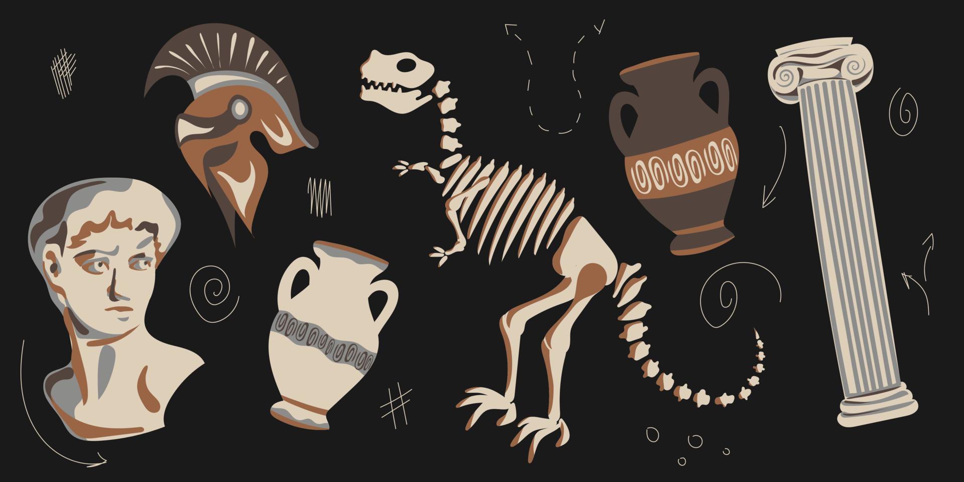 museum vector. historisch museum. standbeeld, dinosaurus fossiel, oude Grieks vaas, papyrus, kolom. vlak illustratie. vector