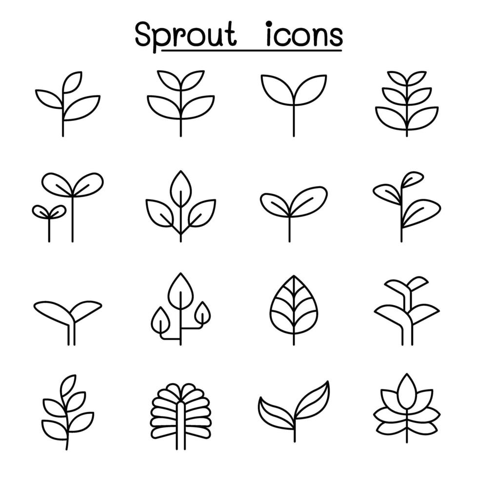 spruit, plant, boomtop, blad pictogrammenset in dunne lijnstijl vector