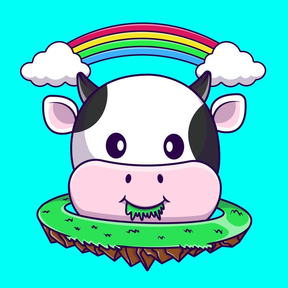 schattig koe planeet aan het eten gras met regenboog wolk tekenfilm vector pictogrammen illustratie. vlak tekenfilm concept. geschikt voor ieder creatief project.